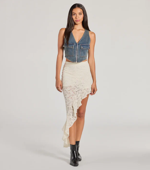 A woman wearing Windsor boho allure ruffled lace midi skirt