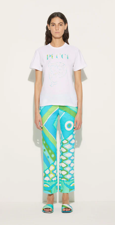A woman wearing Emilio Pucci logo-print cotton t-shirt