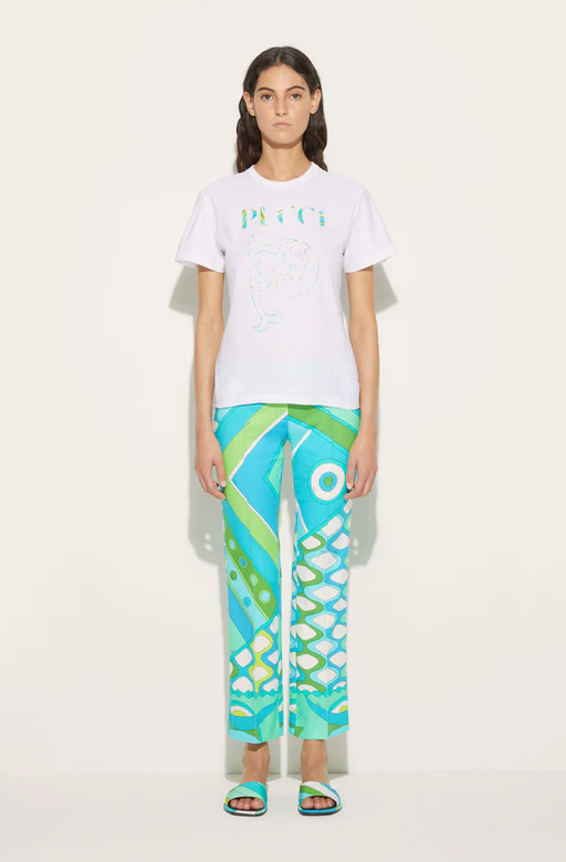 A woman wearing Emilio Pucci logo-print cotton t-shirt