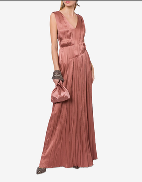 A woman wearing Alberta Ferretti powder pink satin long dress with pleats