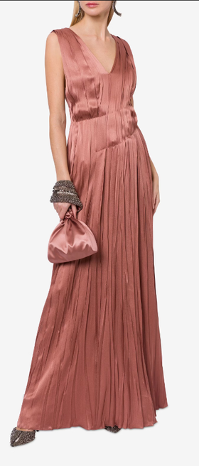 A woman wearing Alberta Ferretti powder pink satin long dress with pleats