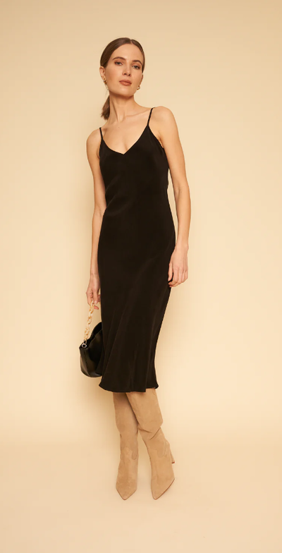 A woman wearing Whimsy + Row freya slip dress in black