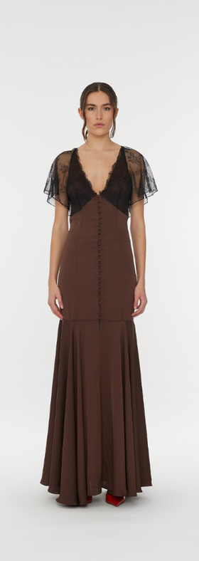 A woman wearing Rotate Birger Christensen lace maxi v-neck dress brown