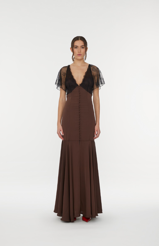 A woman wearing Rotate Birger Christensen lace maxi v-neck dress brown