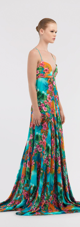 A woman wearing Roberto Cavalli long dress hawaii print