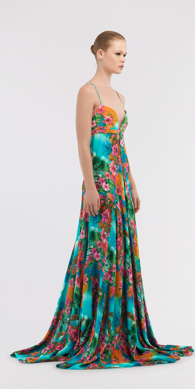 A woman wearing Roberto Cavalli long dress hawaii print