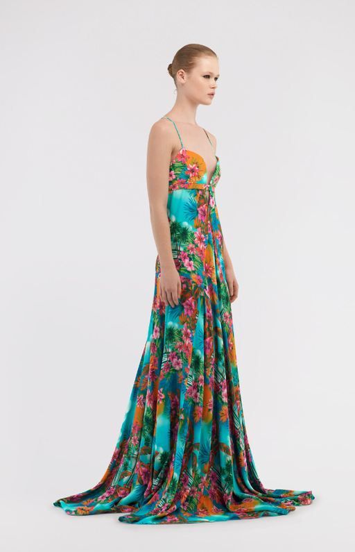 A woman wearing Roberto Cavalli long dress hawaii print