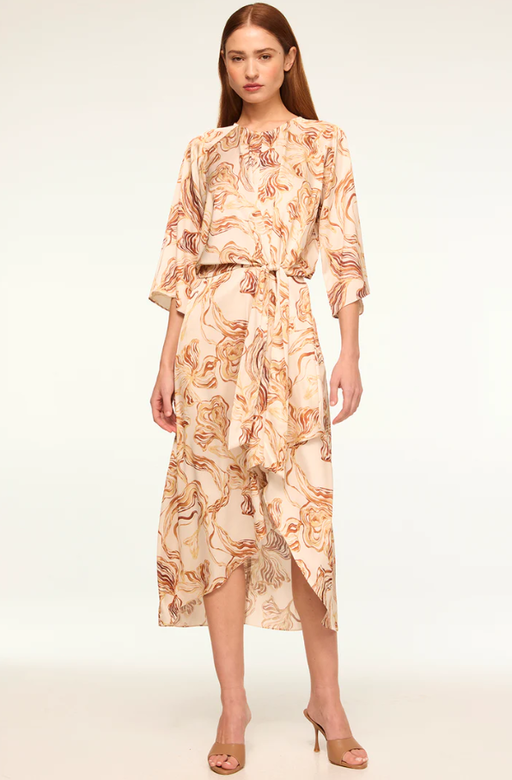 A woman wearing Misa Los Angeles straw satin adina dress
