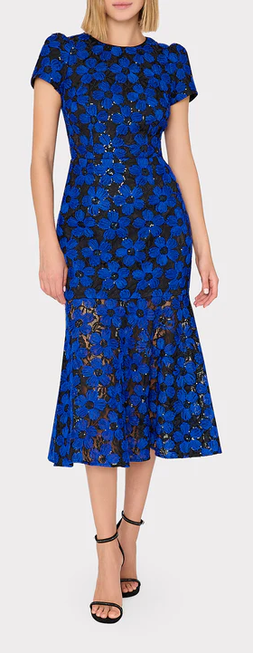A woman wearing Milly cobalt/black tahlia tulle embroidery dress