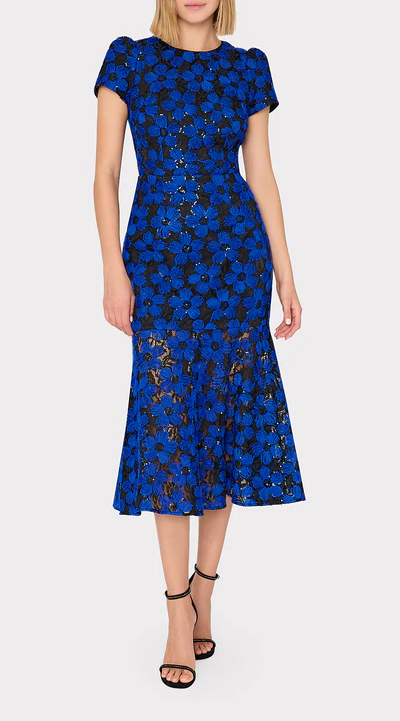 A woman wearing Milly cobalt/black tahlia tulle embroidery dress