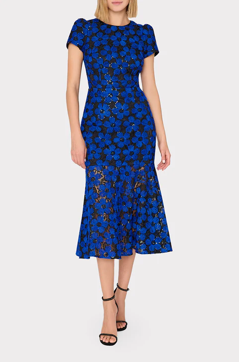 A woman wearing Milly cobalt/black tahlia tulle embroidery dress