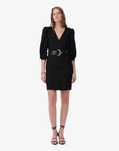 A woman wearing IRO Paris ilona striped jacquard v-neck dress - black