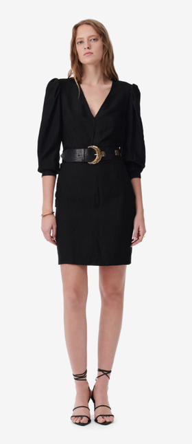 A woman wearing IRO Paris ilona striped jacquard v-neck dress - black