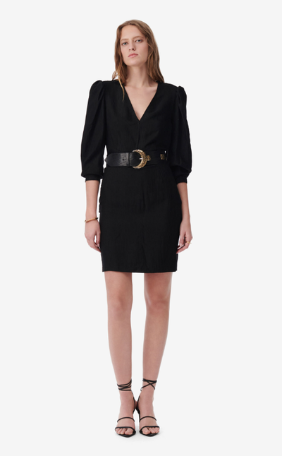 A woman wearing IRO Paris ilona striped jacquard v-neck dress - black