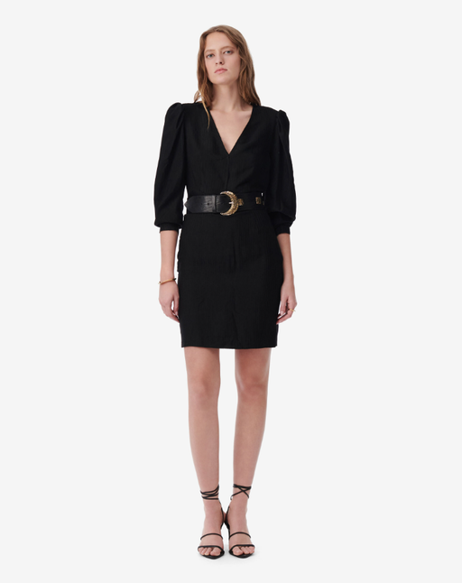 A woman wearing IRO Paris ilona striped jacquard v-neck dress - black