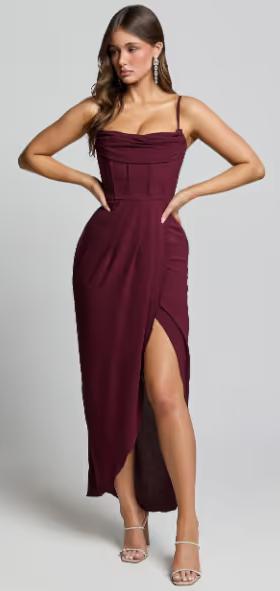 A woman wearing Showpo andrina midi dress - high low wrap corset dress in wine