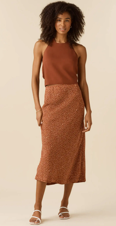 A woman wearing Vetta adobe/blossom print the two piece halter dress