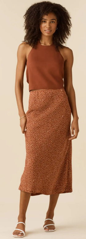 A woman wearing Vetta adobe/blossom print the two piece halter dress