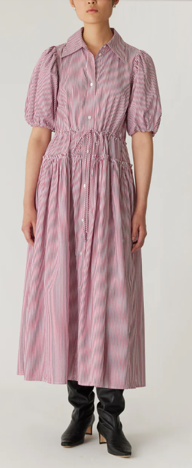 A woman wearing Rebecca Taylor red stripe poplin dress