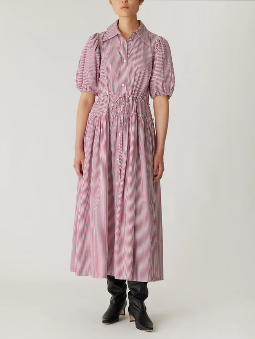 A woman wearing Rebecca Taylor red stripe poplin dress