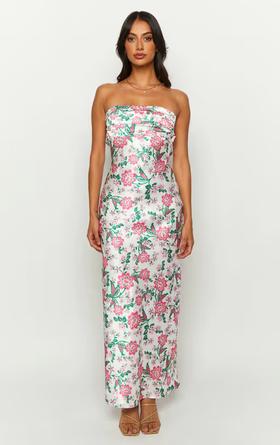 A woman wearing Beginning Boutique astra strapless floral satin midi dress