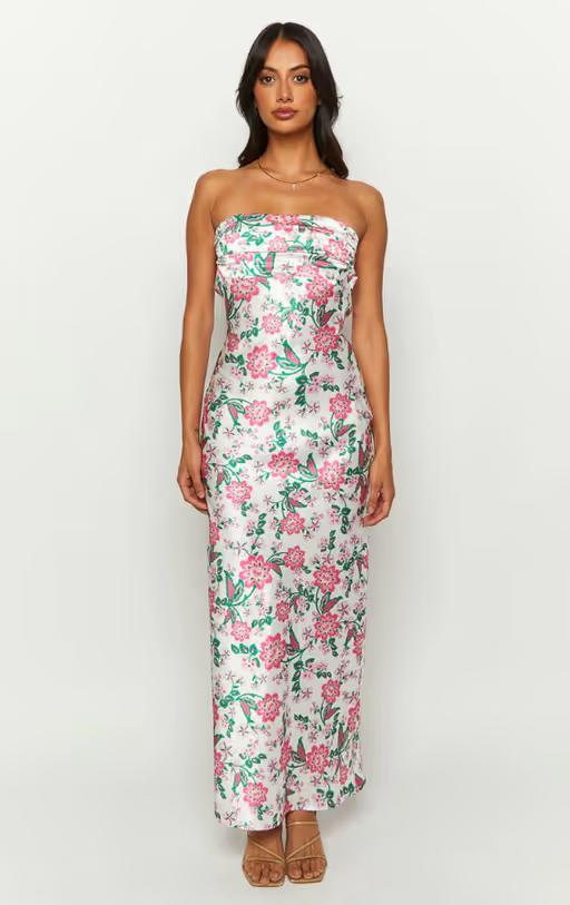 A woman wearing Beginning Boutique astra strapless floral satin midi dress