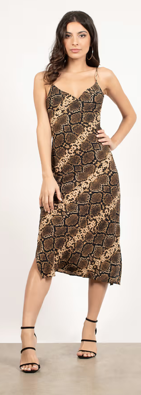 A woman wearing Tobi in the shadows snake print cami midi dress - brown multi