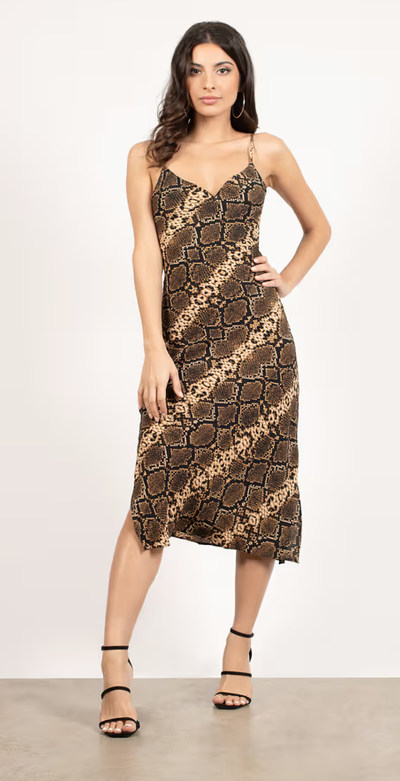 A woman wearing Tobi in the shadows snake print cami midi dress - brown multi