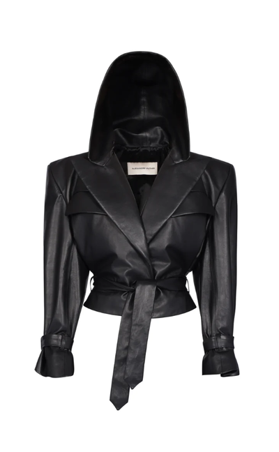 A woman wearing Alexandre Vauthier leather hooded jacket - taille