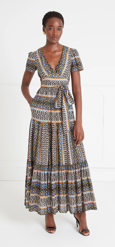 A woman wearing Temperley London dazzling blue gia v neck dress