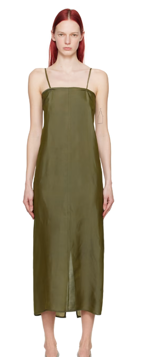 A woman wearing Gabriela Coll Garments khaki no.269 maxi dress