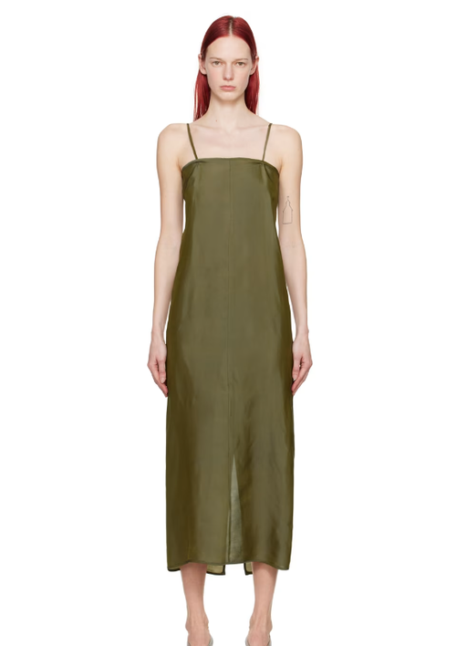 A woman wearing Gabriela Coll Garments khaki no.269 maxi dress