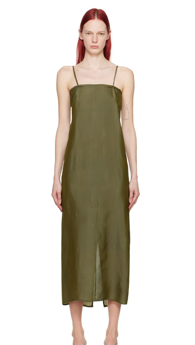 A woman wearing Gabriela Coll Garments khaki no.269 maxi dress