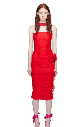 A woman wearing Fancì Club red 'the red horse' midi dress