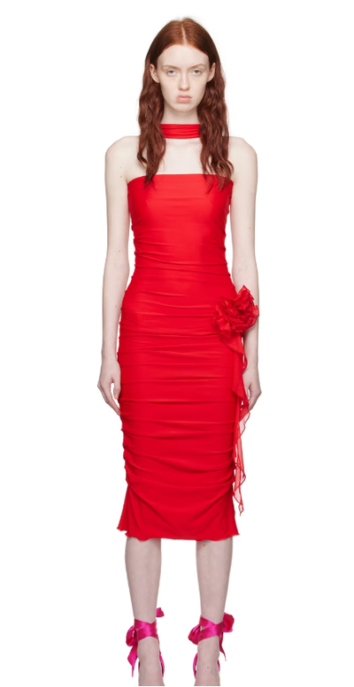 A woman wearing Fancì Club red 'the red horse' midi dress