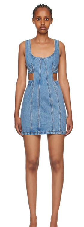 A woman wearing GRLFRND blue vivi denim minidress