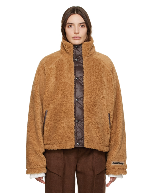 A woman wearing HALFBOY brown teddy jacket