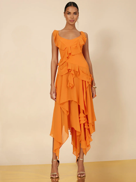 A woman wearing BCBGMAXAZRIA russet orange annabel ruffle dress