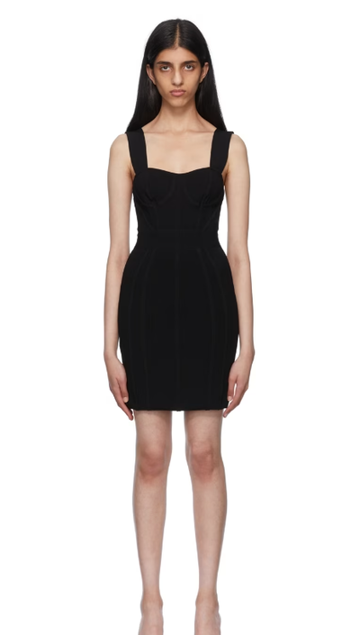 A woman wearing Herve Leger black viscose minidress