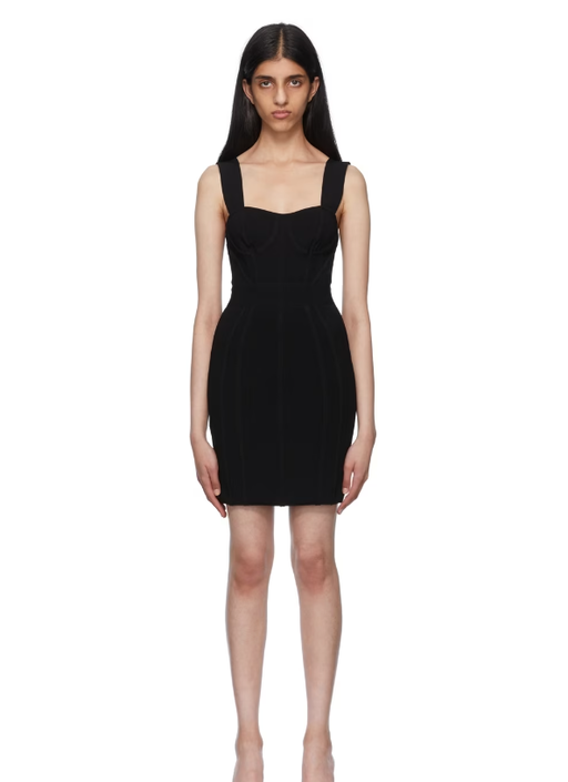 A woman wearing Herve Leger black viscose minidress