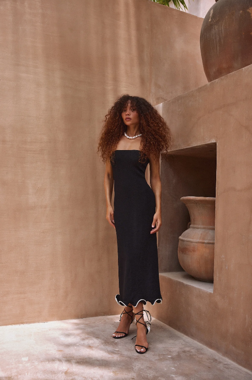 A woman wearing Same Swimwear ruffle hem strapless dress (black)