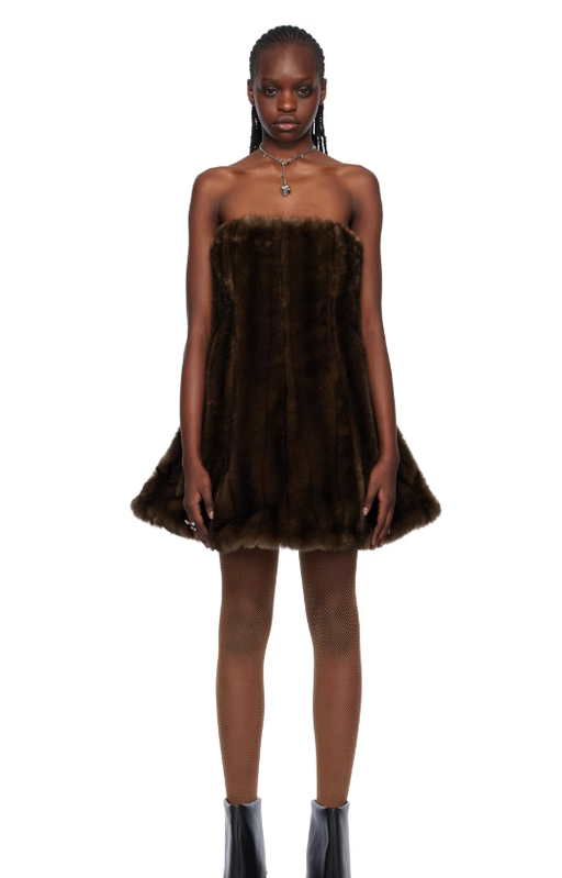 A woman wearing Fidan Novruzova brown strapless faux-fur minidress
