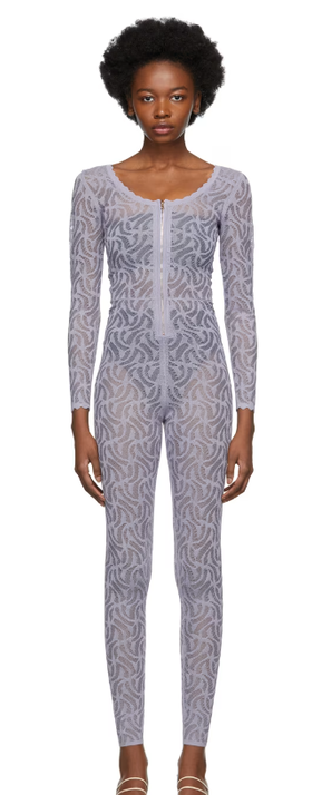 A woman wearing Diotima purple lace jumpsuit