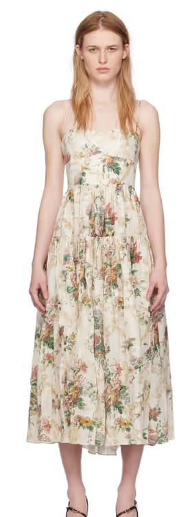 A woman wearing Erdem beige tiered midi dress