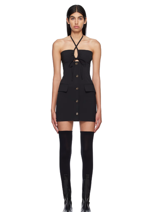 A woman wearing J KOO black buttoned minidress