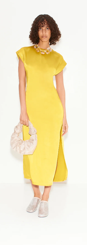 A woman wearing SIMONMILLER star gold argan satin dress
