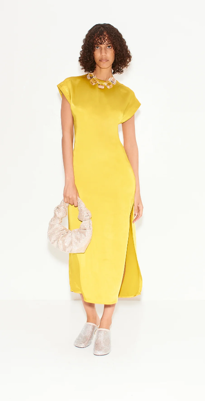 A woman wearing SIMONMILLER star gold argan satin dress