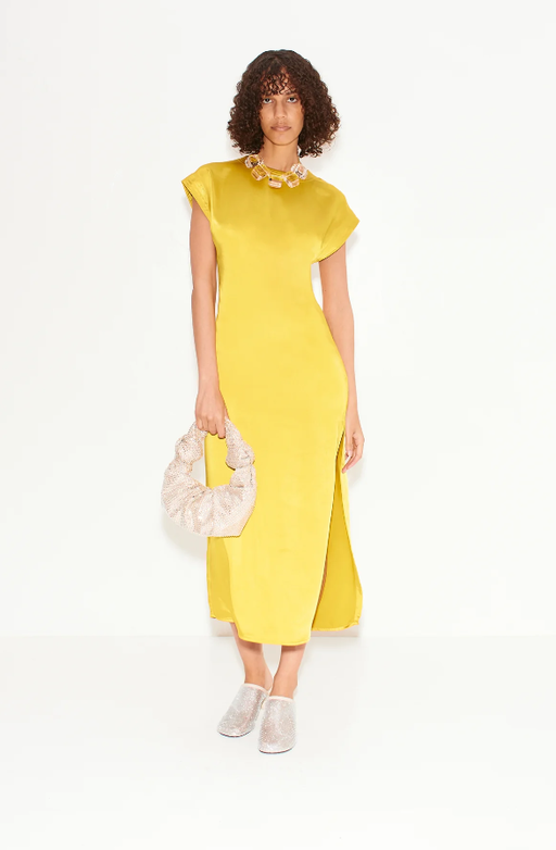A woman wearing SIMONMILLER star gold argan satin dress