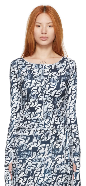 A woman wearing Heste Jente ssense exclusive navy polyester t-shirt