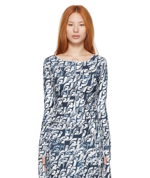 A woman wearing Heste Jente ssense exclusive navy polyester t-shirt